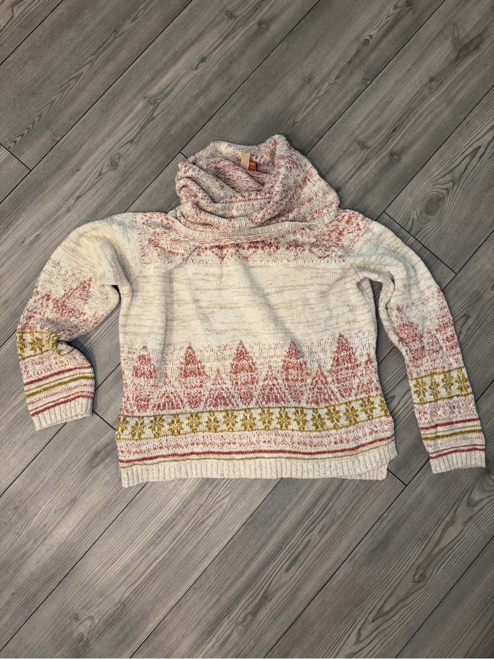 Anthropologie Pilcro Ivory Cowl Sweater with Pink and Olive Pattern Size Small